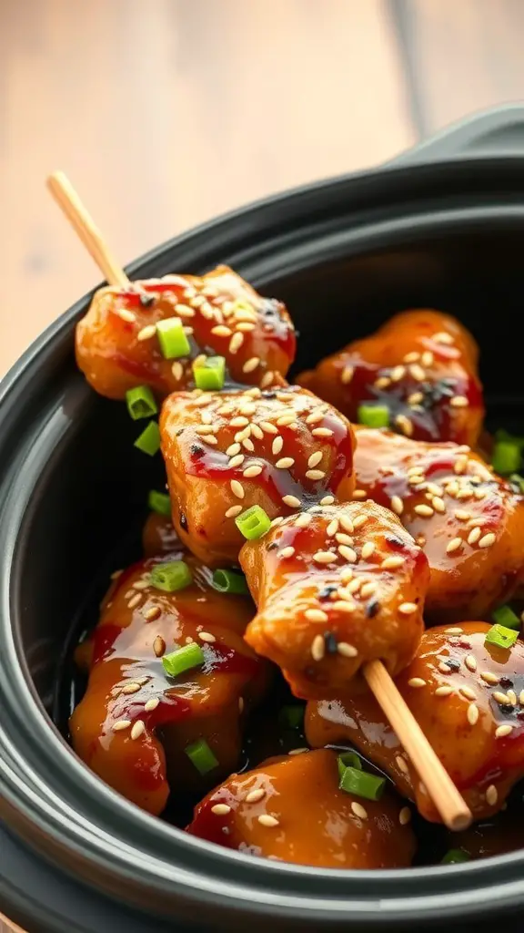 Crockpot Teriyaki Chicken Skewers with sesame seeds and green onions