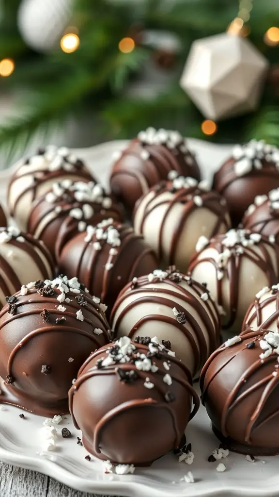 A plate of Oreo truffle bites drizzled with chocolate and sprinkled with crushed Oreos, set against a festive background.