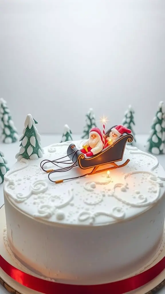A beautifully decorated winter wonderland cake featuring a sleigh with Santa figures and snowy trees.
