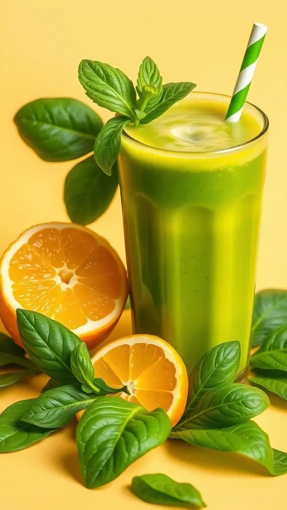 A refreshing green smoothie with oranges and mint leaves on a yellow background.