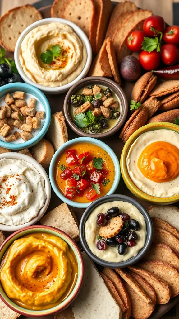 A colorful assortment of gourmet dips and spreads on a charcuterie board, featuring hummus, roasted red pepper dip, tzatziki, and various dippers like pita bread and crackers.