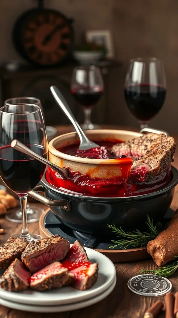 Red wine infused steak fondue with steak pieces and glasses of red wine