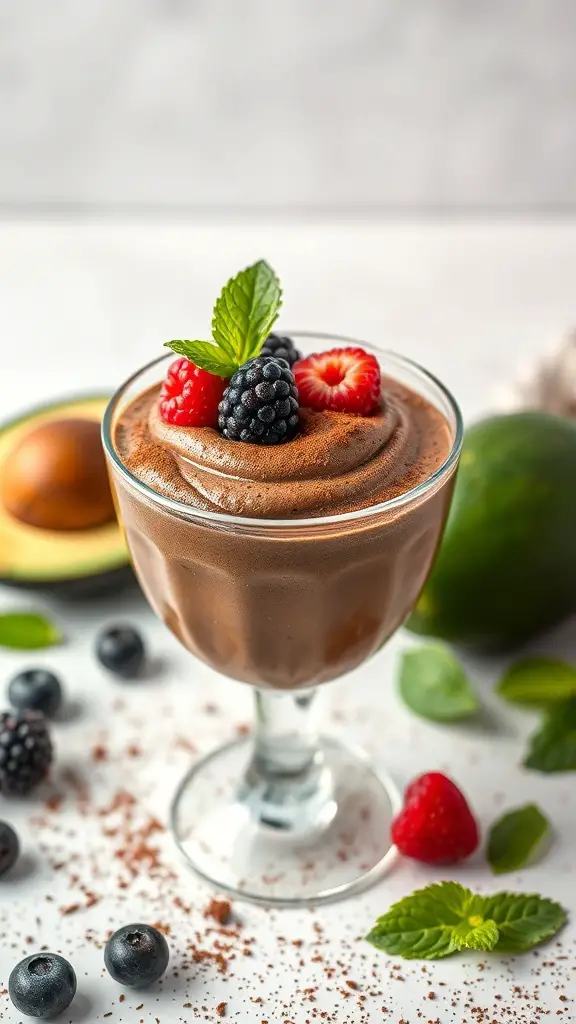 A glass of chocolate avocado mousse topped with berries and mint leaves, surrounded by fresh ingredients.