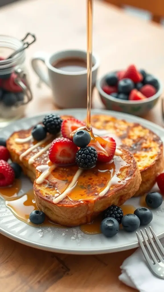 Vegan French toast topped with fresh berries and maple syrup