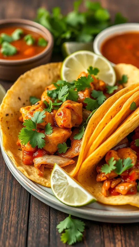 Delicious spicy chicken tacos with cilantro and lime on a wooden table.