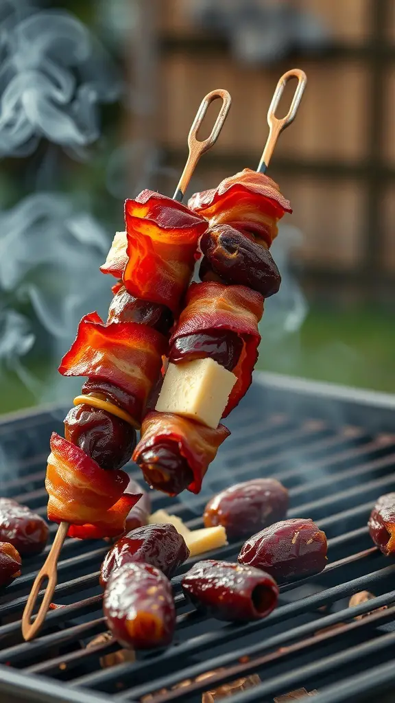 Bacon-wrapped skewers with dates and cheese on a grill