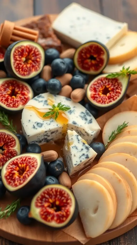 A beautifully arranged charcuterie board featuring figs, blueberries, blue cheese, and almonds.