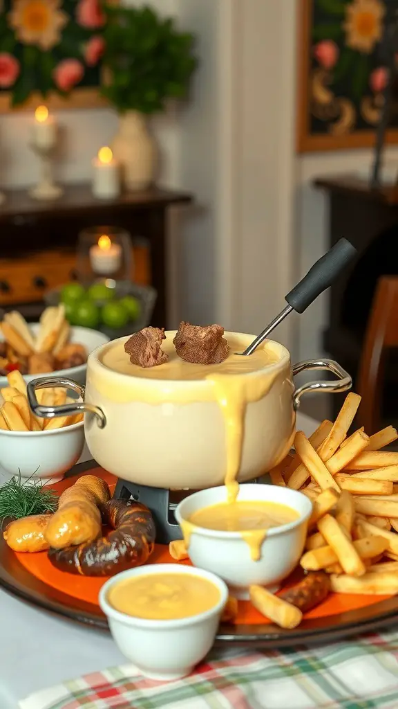 A delicious spread of Cajun spiced beef fondue with cheese, fries, and remoulade sauce.