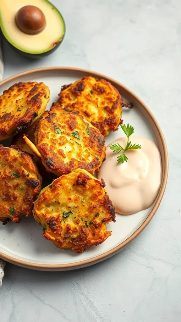 A plate of golden brown zucchini and squash fritters served with a creamy dip and garnished with a sprig of parsley.