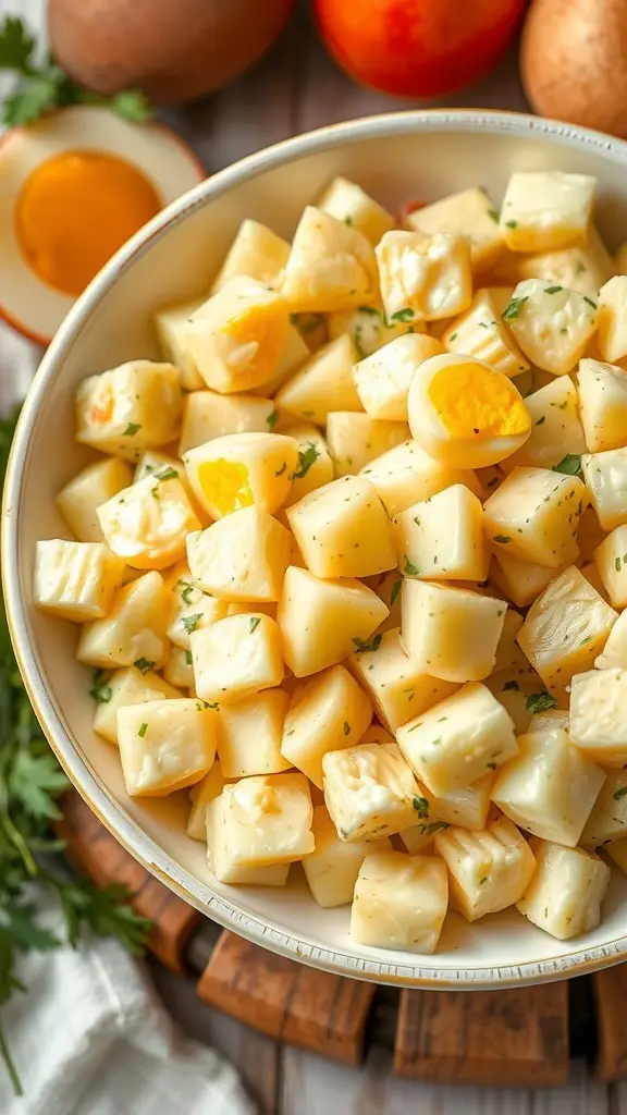 A bowl of creamy potato salad with chopped eggs and herbs, surrounded by potatoes and a small bowl of egg yolk.