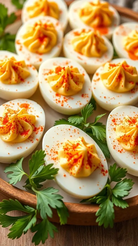 A platter of classic deviled eggs topped with paprika and garnished with parsley.