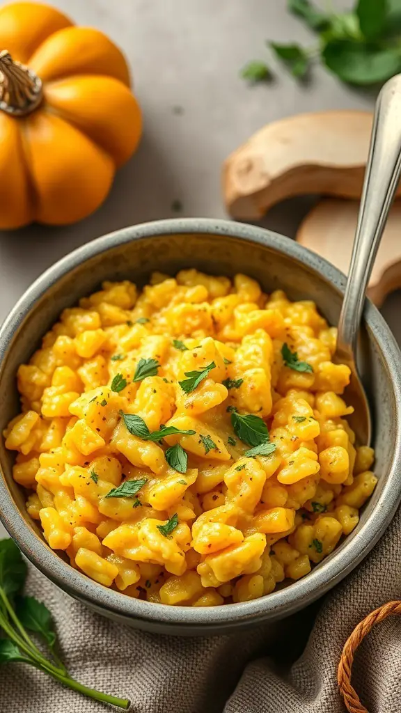 A bowl of creamy butternut squash risotto garnished with fresh herbs, with a whole butternut squash in the background.