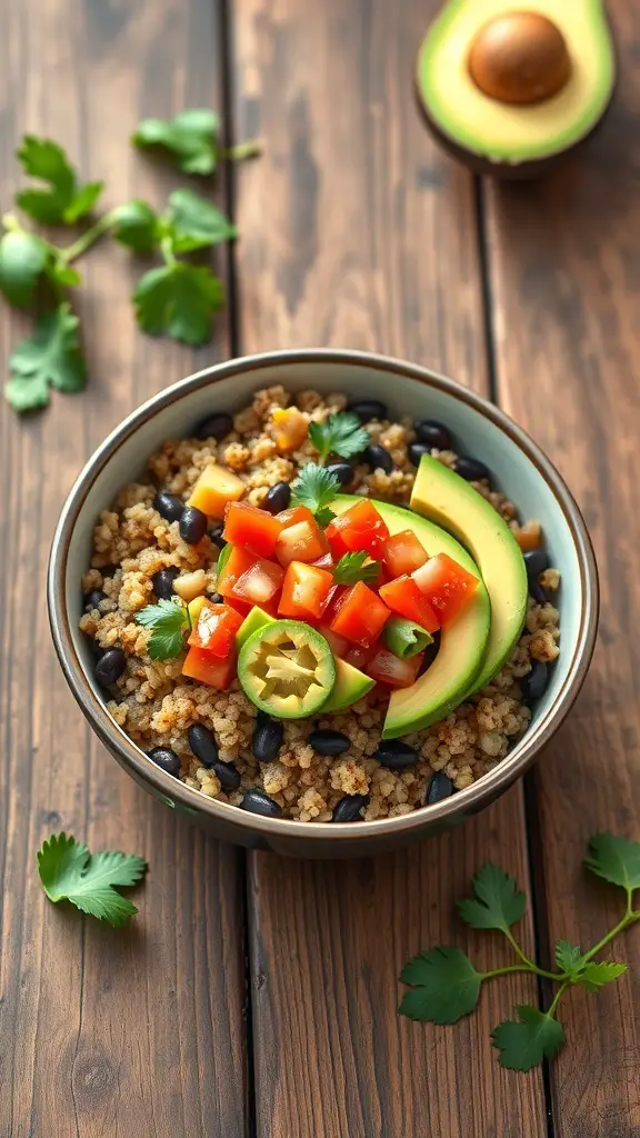 A colorful quinoa and black bean bowl topped with avocado, tomatoes, and cilantro on a wooden table.