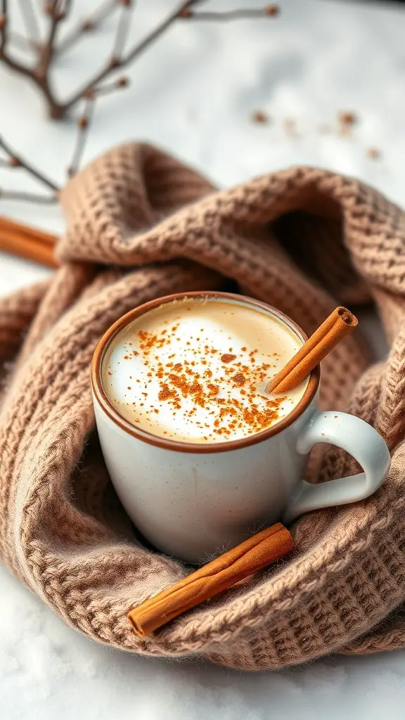 A cozy chai spice latte mocktail in a white mug, garnished with cinnamon, placed on a soft knitted blanket.