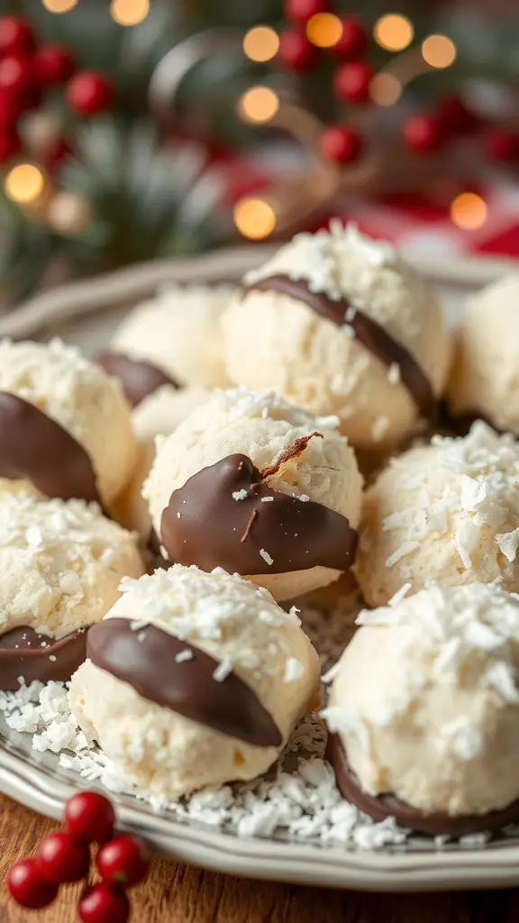 A plate of coconut macaroons dipped in chocolate, garnished with shredded coconut, set against a festive background.