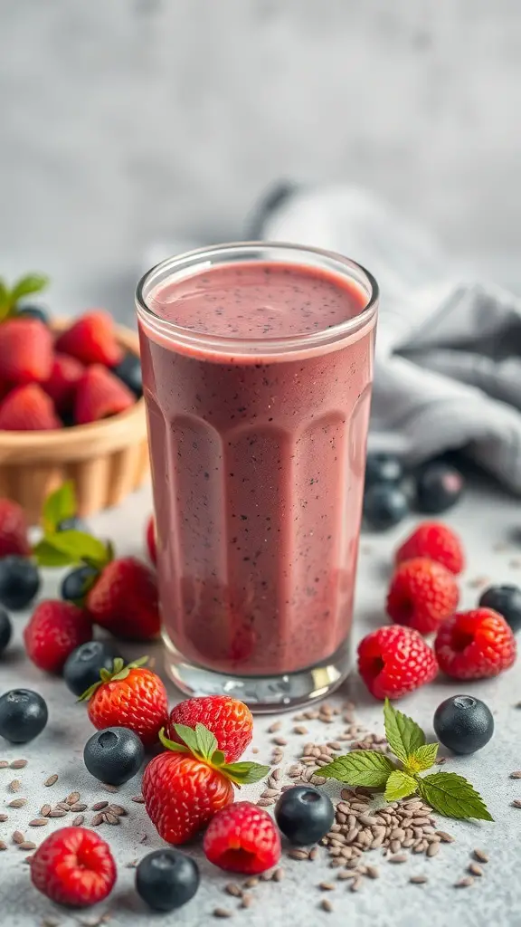 A glass of Chia Seed Berry Smoothie surrounded by fresh berries and chia seeds
