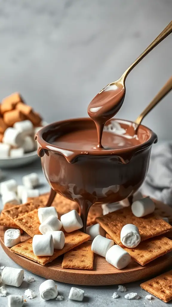 A bowl of melted chocolate fondue with graham crackers and marshmallows for dipping.