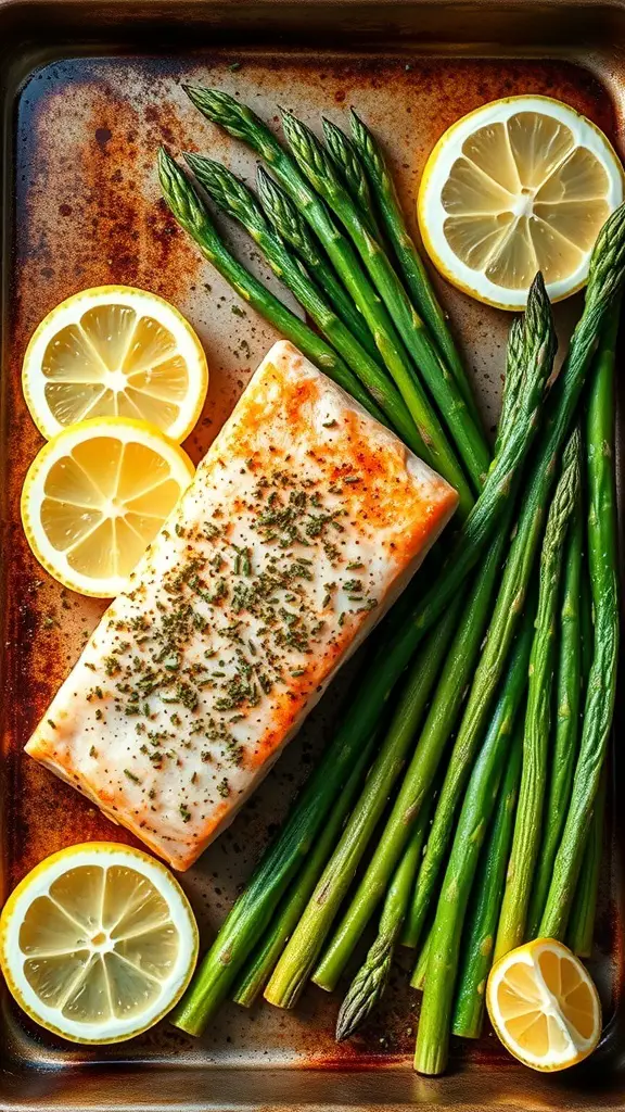 A delicious one-pan lemon garlic salmon dish with asparagus and lemon slices.