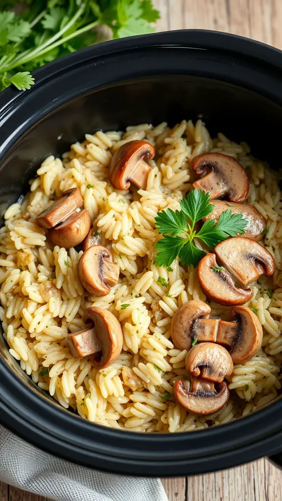 A bowl of creamy chicken and mushroom risotto in a crockpot, garnished with parsley.