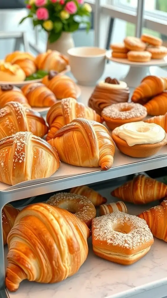 A variety of pastries including croissants and donuts beautifully arranged on a table.