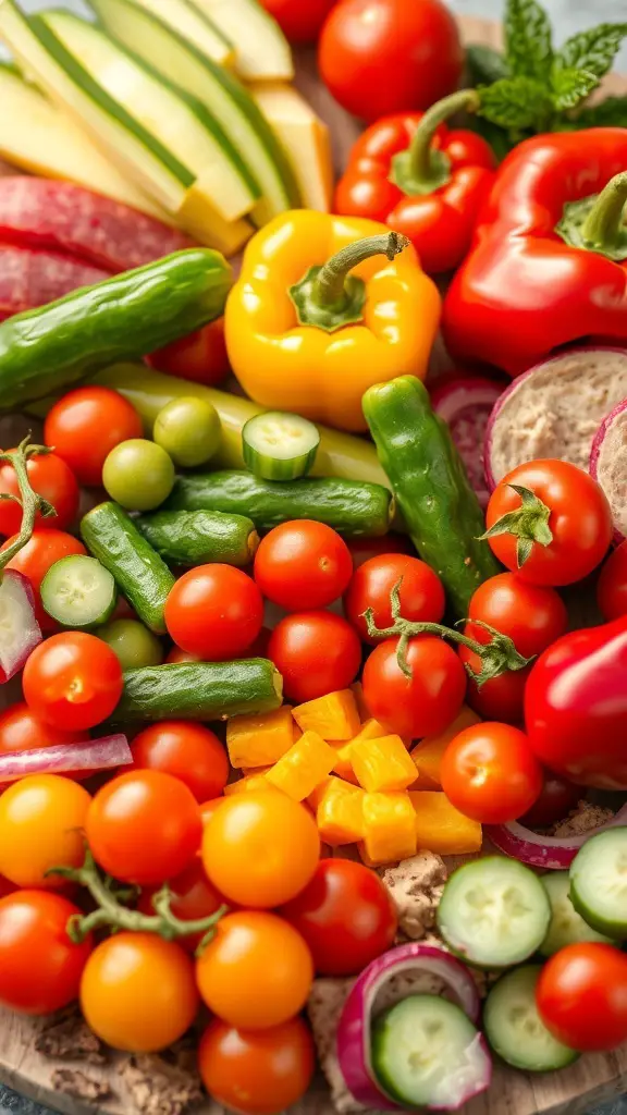 A vibrant assortment of fresh vegetables including cherry tomatoes, bell peppers, cucumbers, and snap peas arranged on a charcuterie board.