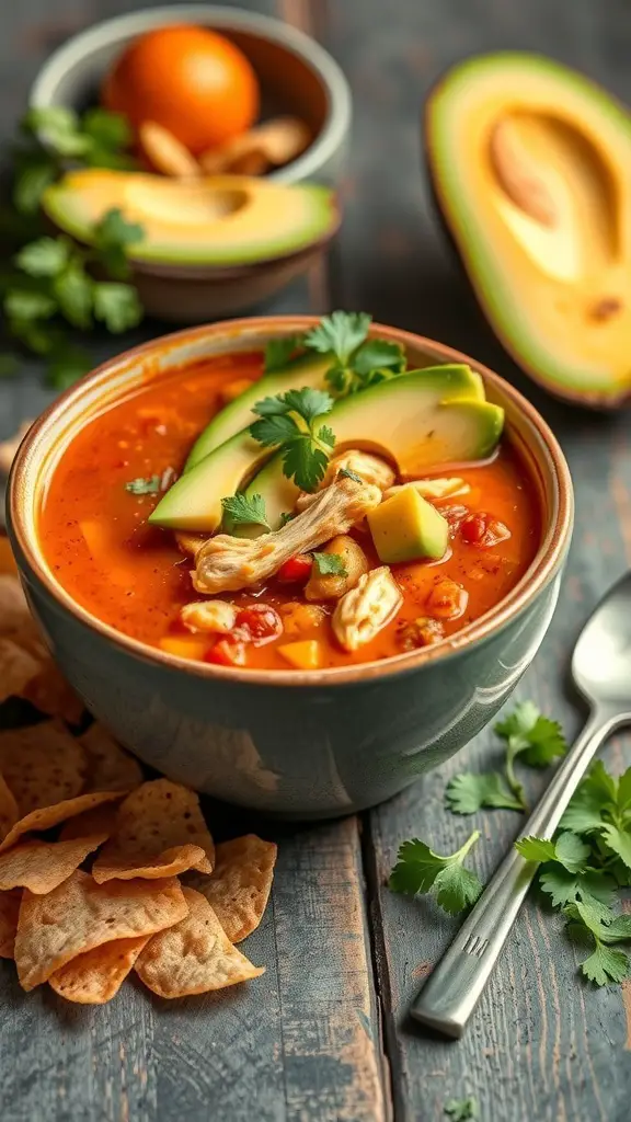 A bowl of spicy chicken tortilla soup garnished with avocado and cilantro, with tortilla chips on the side.