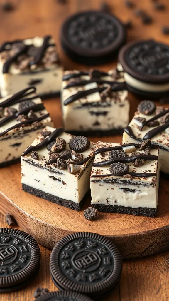 Delicious Oreo cheesecake bars topped with crushed Oreos and chocolate drizzle on a wooden board.