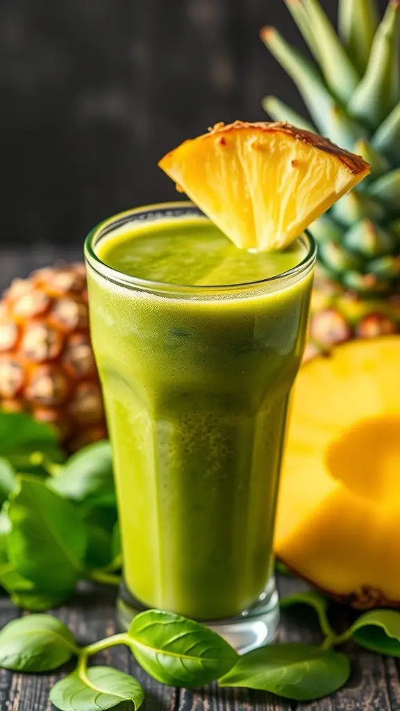 A refreshing Tropical Green Smoothie in a glass, garnished with a slice of pineapple, surrounded by fresh pineapple and spinach.