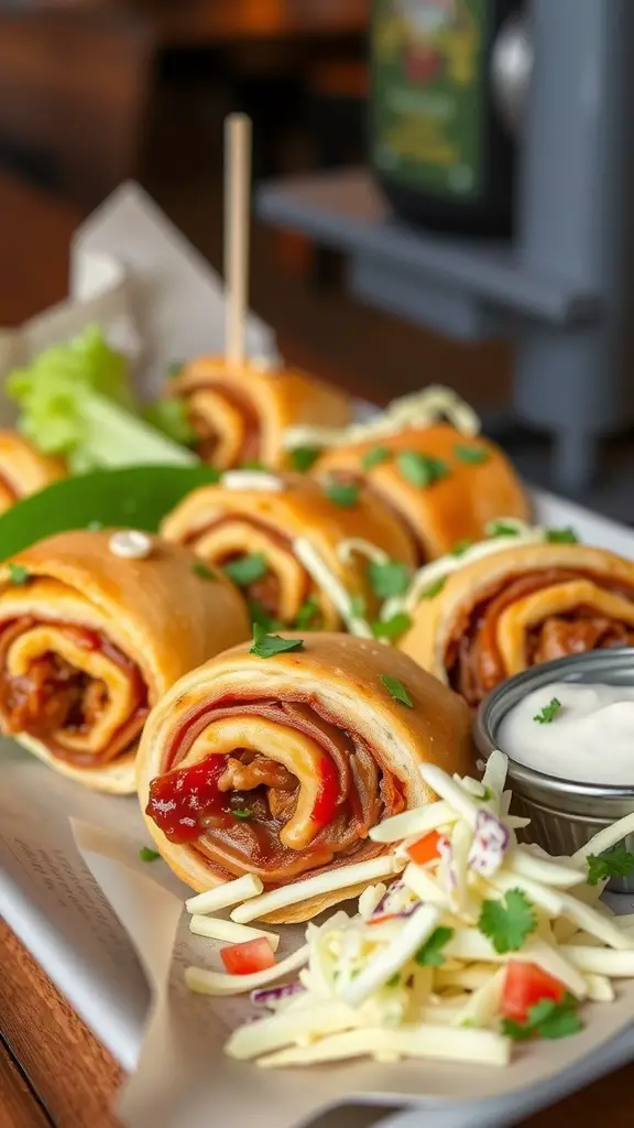 BBQ pulled pork pinwheels served on a platter with coleslaw and dipping sauce