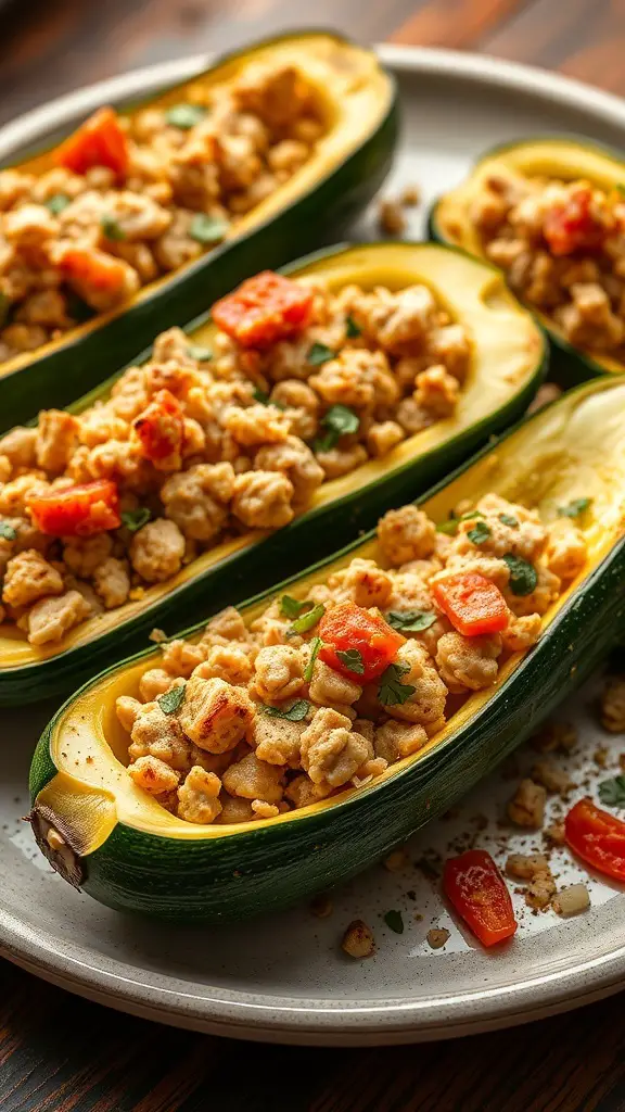 Stuffed zucchini boats filled with ground meat and diced tomatoes