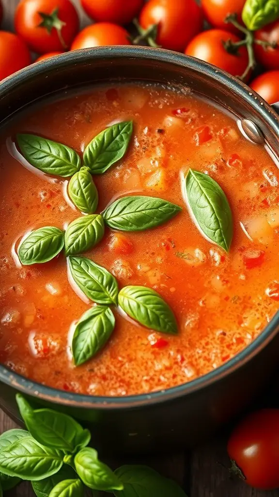 A pot of tomato basil fondue broth surrounded by fresh tomatoes and basil leaves.