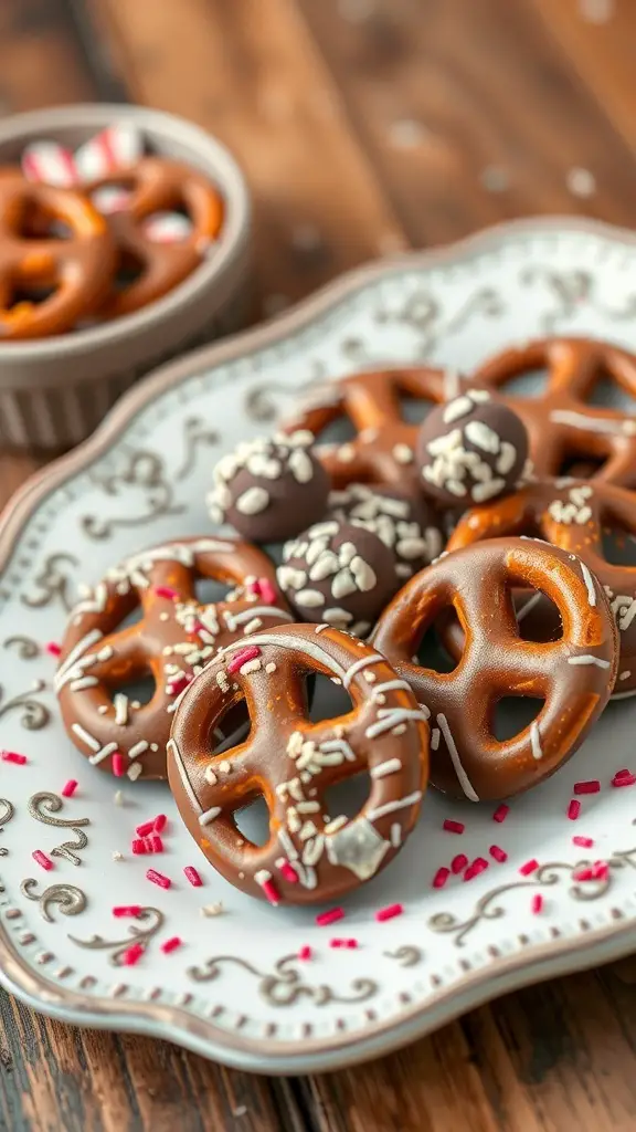 A plate of chocolate covered pretzels with colorful sprinkles.