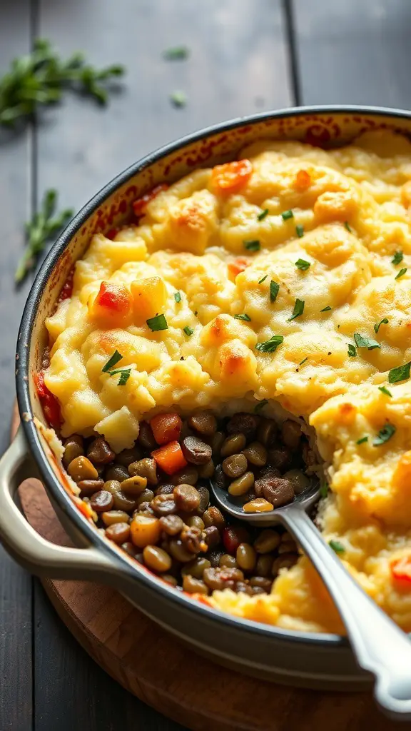 A delicious lentil and vegetable shepherd's pie with a golden mashed potato topping.