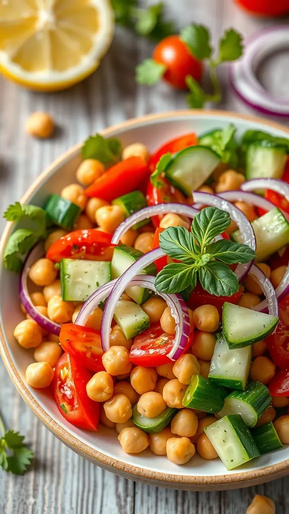 A bowl of Mediterranean Chickpea Salad with chickpeas, cucumbers, tomatoes, and red onions, garnished with fresh herbs.
