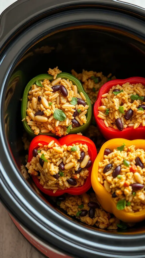 Colorful stuffed bell peppers filled with rice and beans in a crockpot.