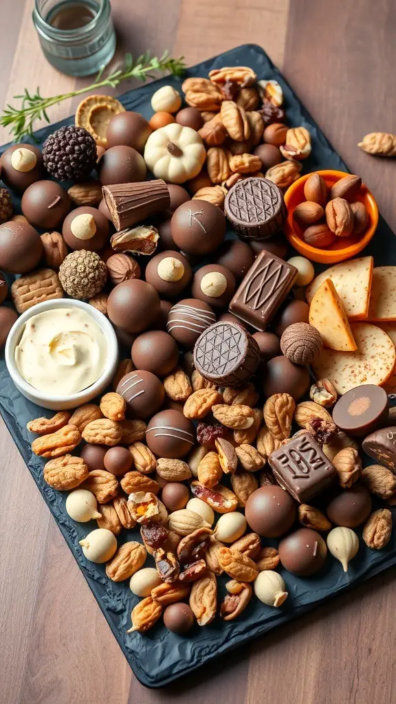 A chocolate charcuterie board featuring various chocolates, nuts, and a creamy dip.