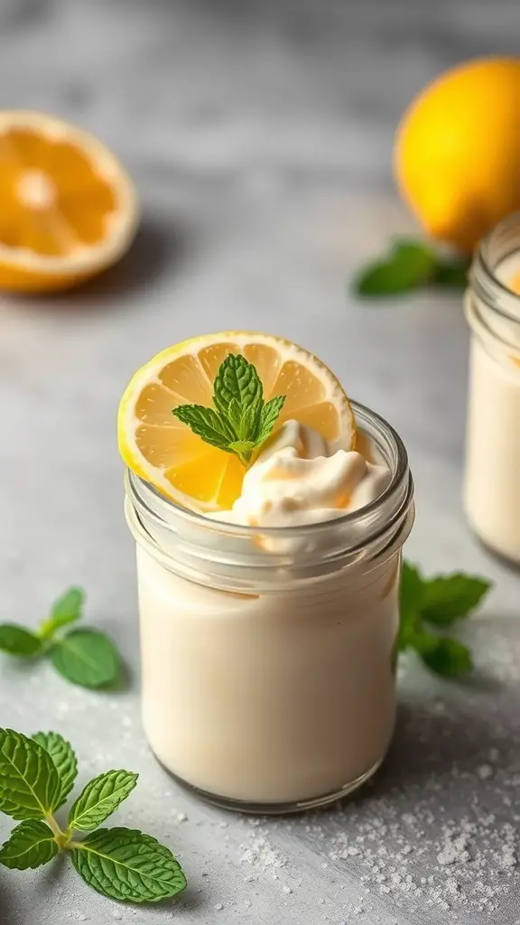 A jar of lemon mousse topped with whipped cream, a lemon slice, and mint leaves.
