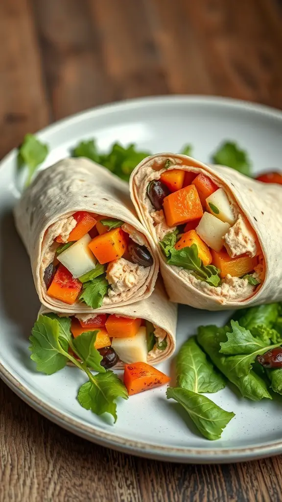 A plate with two roasted vegetable and hummus wraps, surrounded by fresh greens.