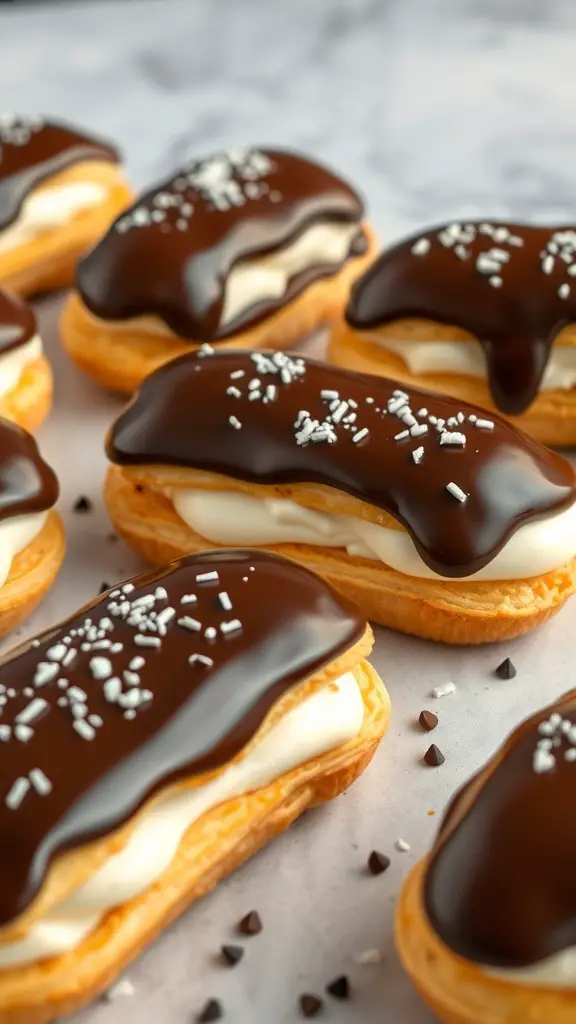 Delicious chocolate eclairs with cream filling and chocolate glaze