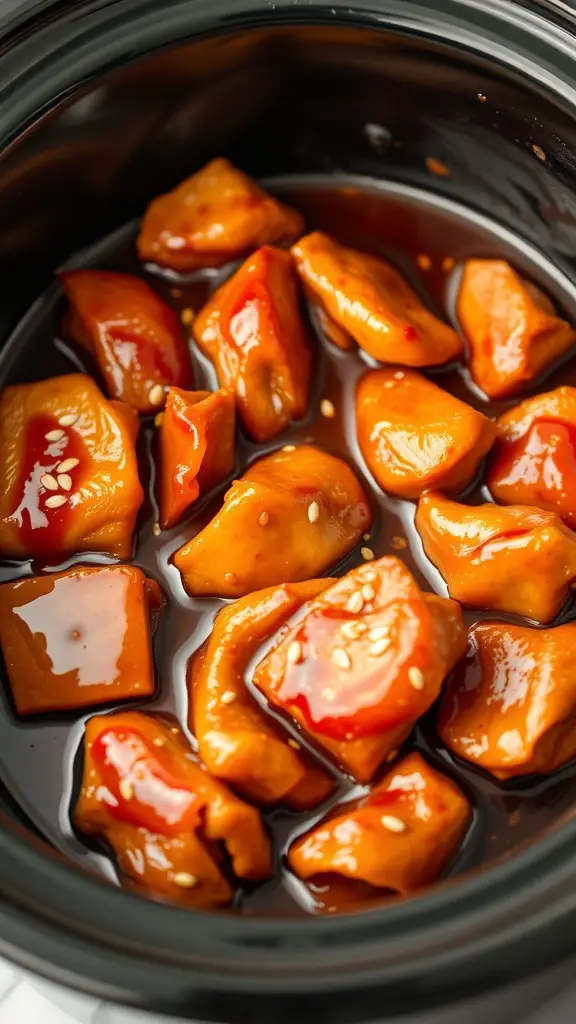 Tender chicken pieces in a rich teriyaki sauce with sesame seeds.