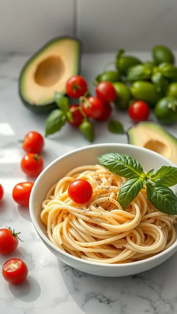 Bowl of creamy avocado pasta with cherry tomatoes and fresh basil, surrounded by avocados and tomatoes.