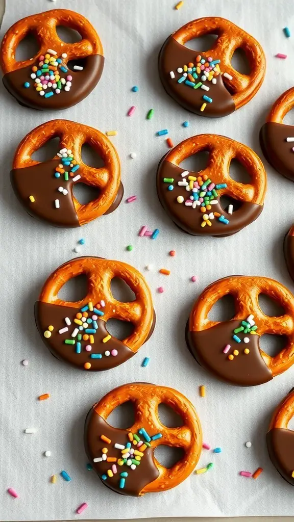 Chocolate dipped pretzels with colorful sprinkles on parchment paper.