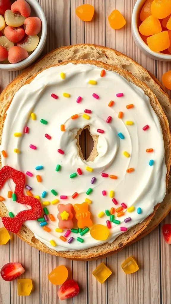 Colorful bagel topped with cream cheese, sprinkles, and gummy candies, surrounded by fruit and candy.