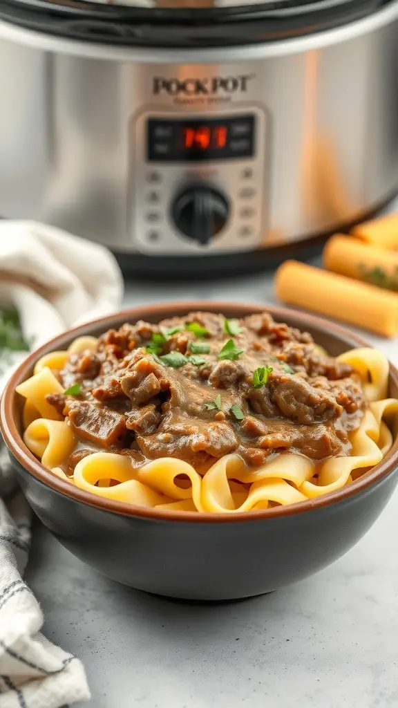 A bowl of beef stroganoff served over egg noodles, with a crockpot in the background.