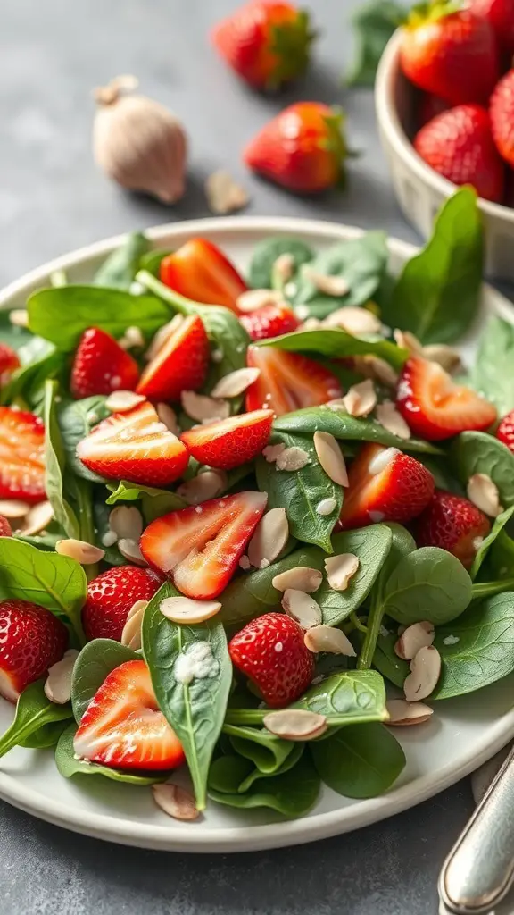 A fresh spinach and strawberry salad with sliced almonds on a plate, surrounded by strawberries.