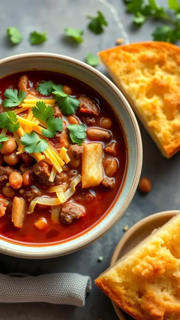 A bowl of classic beef chili with beans, topped with cilantro and cheese, accompanied by cornbread.