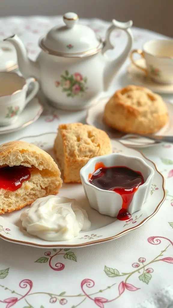 A plate of freshly baked scones with clotted cream and jam, accompanied by a teapot and delicate china.