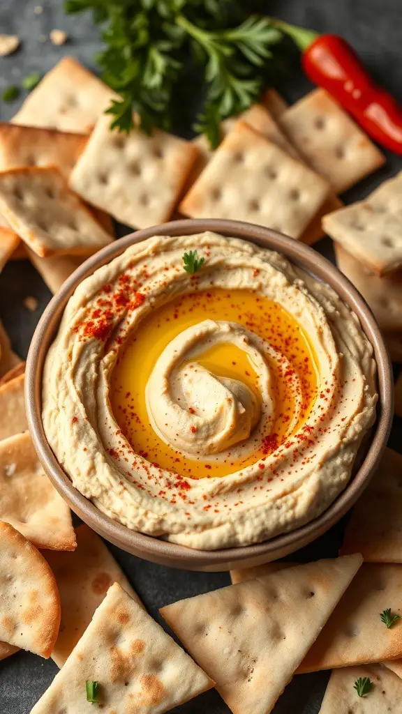 A bowl of creamy hummus topped with olive oil and paprika, surrounded by crispy pita chips.