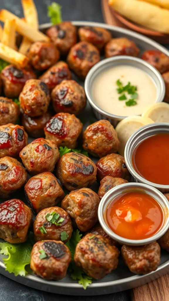 A platter of mini meatballs with various dipping sauces and garnishes.