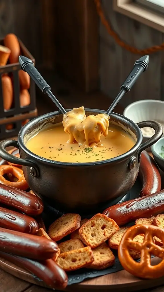 A pot of beer and cheddar fondue with hot dogs, pretzels, and crackers for dipping.
